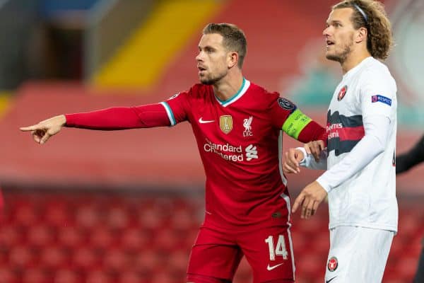 LIVERPOOL, ENGLAND - Tuesday, October 27, 2020: Liverpool's captain Jordan Henderson during the UEFA Champions League Group D match between Liverpool FC and FC Midtjylland at Anfield. (Pic by David Rawcliffe/Propaganda)