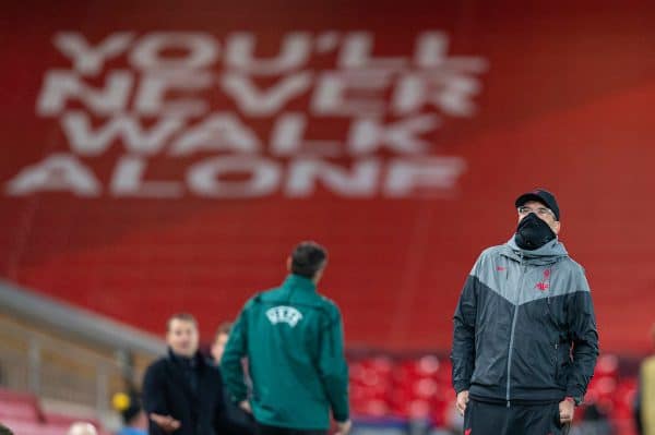 LIVERPOOL, ENGLAND - Tuesday, October 27, 2020: Liverpool's manager Jürgen Klopp during the UEFA Champions League Group D match between Liverpool FC and FC Midtjylland at Anfield. (Pic by David Rawcliffe/Propaganda)