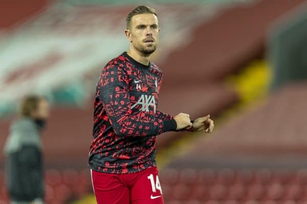 LIVERPOOL, ENGLAND - Tuesday, October 27, 2020: Liverpool's captain Jordan Henderson during the pre-match warm-up before the UEFA Champions League Group D match between Liverpool FC and FC Midtjylland at Anfield. (Pic by David Rawcliffe/Propaganda)