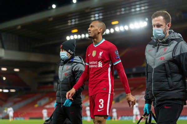 LIVERPOOL, ENGLAND - Tuesday, October 27, 2020: Liverpool's Fabio Henrique Tavares 'Fabinho' walks off injured during the UEFA Champions League Group D match between Liverpool FC and FC Midtjylland at Anfield. (Pic by David Rawcliffe/Propaganda)