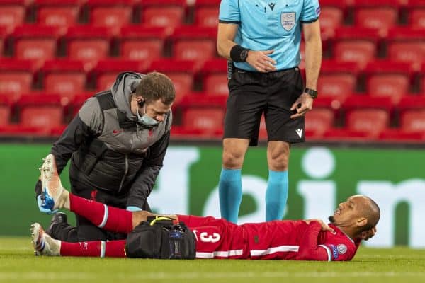 LIVERPOOL, ENGLAND - Tuesday, October 27, 2020: Liverpool's Fabio Henrique Tavares 'Fabinho' is treated for an injury during the UEFA Champions League Group D match between Liverpool FC and FC Midtjylland at Anfield. (Pic by David Rawcliffe/Propaganda)