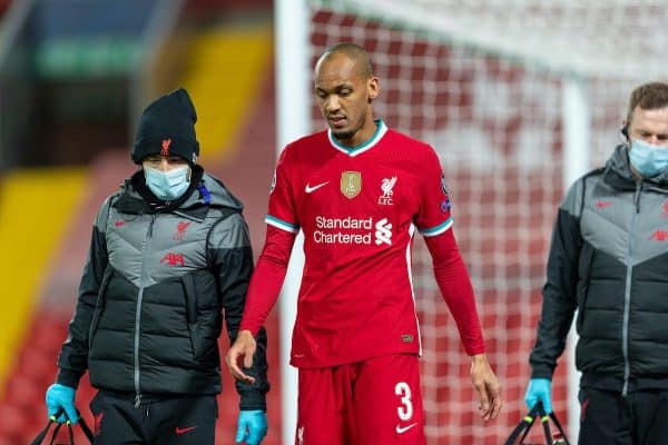 LIVERPOOL, ENGLAND - Tuesday, October 27, 2020: Liverpool's Fabio Henrique Tavares 'Fabinho' walks off injured during the UEFA Champions League Group D match between Liverpool FC and FC Midtjylland at Anfield. (Pic by David Rawcliffe/Propaganda)