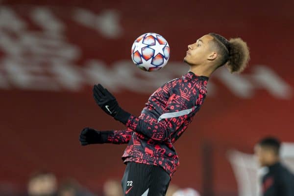 LIVERPOOL, ENGLAND - Tuesday, October 27, 2020: Liverpool's Rhys Williams during the pre-match warm-up before the UEFA Champions League Group D match between Liverpool FC and FC Midtjylland at Anfield. (Pic by David Rawcliffe/Propaganda)