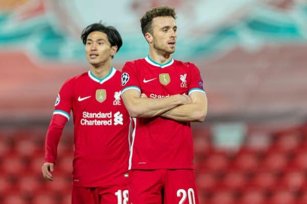 LIVERPOOL, ENGLAND - Tuesday, October 27, 2020: Liverpool's Diogo Jota (R) celebrates after scoring the first goal during the UEFA Champions League Group D match between Liverpool FC and FC Midtjylland at Anfield. (Pic by David Rawcliffe/Propaganda)