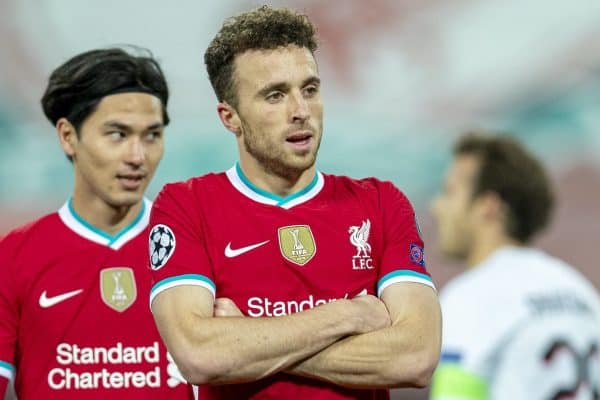 LIVERPOOL, ENGLAND - Tuesday, October 27, 2020: Liverpool's Diogo Jota (R) celebrates after scoring the first goal during the UEFA Champions League Group D match between Liverpool FC and FC Midtjylland at Anfield. (Pic by David Rawcliffe/Propaganda)