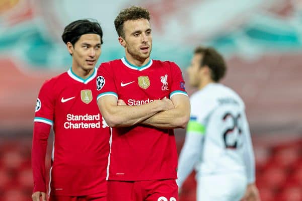 LIVERPOOL, ENGLAND - Tuesday, October 27, 2020: Liverpool's Diogo Jota (R) celebrates after scoring the first goal during the UEFA Champions League Group D match between Liverpool FC and FC Midtjylland at Anfield. (Pic by David Rawcliffe/Propaganda)