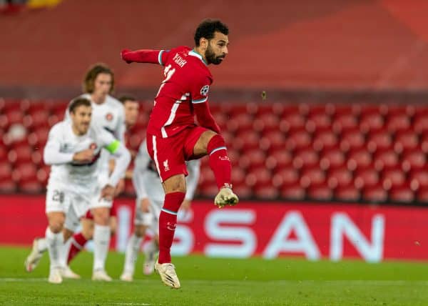 LIVERPOOL, ENGLAND - Tuesday, October 27, 2020: Liverpool's Mohamed Salah scores the second goal from a penalty kick during the UEFA Champions League Group D match between Liverpool FC and FC Midtjylland at Anfield. (Pic by David Rawcliffe/Propaganda)