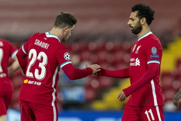 LIVERPOOL, ENGLAND - Tuesday, October 27, 2020: Liverpool's Mohamed Salah (R) celebrates with team-mate Xherdan Shaqiri after scoring the second goal during the UEFA Champions League Group D match between Liverpool FC and FC Midtjylland at Anfield. (Pic by David Rawcliffe/Propaganda)