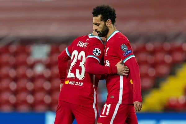 LIVERPOOL, ENGLAND - Tuesday, October 27, 2020: Liverpool's Mohamed Salah (R) celebrates with team-mate Xherdan Shaqiri after scoring the second goal during the UEFA Champions League Group D match between Liverpool FC and FC Midtjylland at Anfield. (Pic by David Rawcliffe/Propaganda)