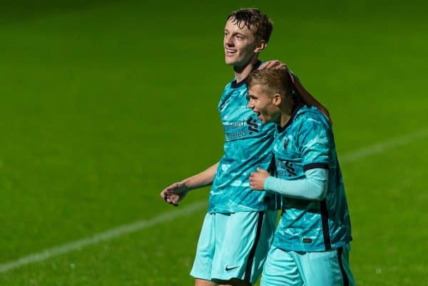 LONDON, ENGLAND - Friday, October 30, 2020: Liverpool's Tom Clayton (L) celebrates after scoring the first goal during the Premier League 2 Division 1 match between Arsenal FC Under-23's and Liverpool FC Under-23's at Meadow Park. (Pic by David Rawcliffe/Propaganda)