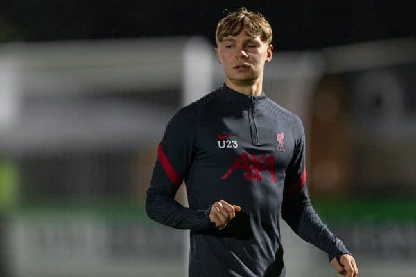 LONDON, ENGLAND - Friday, October 30, 2020: Liverpool's substitute Paul Glatzel during the pre-match warm-up before the Premier League 2 Division 1 match between Arsenal FC Under-23's and Liverpool FC Under-23's at Meadow Park. (Pic by David Rawcliffe/Propaganda)