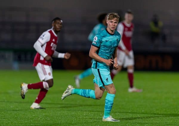 LONDON, ENGLAND - Friday, October 30, 2020: Liverpool's substitute Paul Glatzel during the Premier League 2 Division 1 match between Arsenal FC Under-23's and Liverpool FC Under-23's at Meadow Park. (Pic by David Rawcliffe/Propaganda)