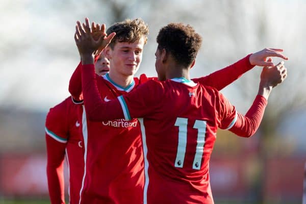 KIRKBY, ENGLAND - Saturday, October 31, 2020: Liverpool's Tyler Morton (L) celebrates with team-mate Melkamu Frauendorf after scoring the third goal, his second of the game, during the Under-18 Premier League match between Liverpool FC Under-18's and Newcastle United FC Under-18's at the Liverpool Academy. (Pic by David Rawcliffe/Propaganda)