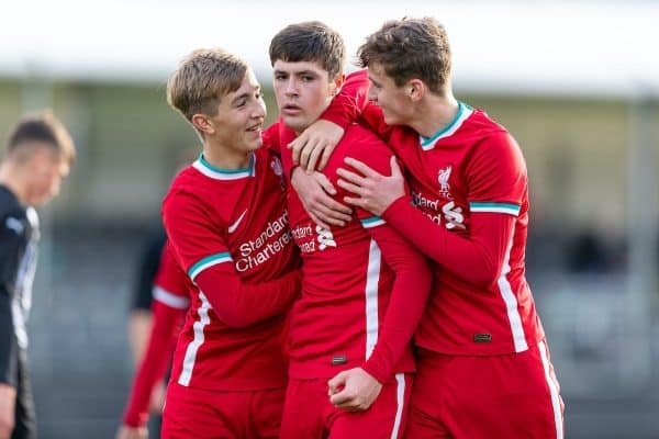 KIRKBY, ENGLAND - Saturday, October 31, 2020: Liverpool's Layton Stewart (C) celebrates after scoring the fourth goal with fellow goal-scorers Max Woltman (L) and Tyler Morton (R) during the Under-18 Premier League match between Liverpool FC Under-18's and Newcastle United FC Under-18's at the Liverpool Academy. (Pic by David Rawcliffe/Propaganda)