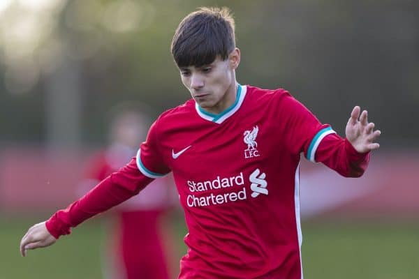 KIRKBY, ENGLAND - Saturday, October 31, 2020: Liverpool's substitute Oakley Cannonier during the Under-18 Premier League match between Liverpool FC Under-18's and Newcastle United FC Under-18's at the Liverpool Academy. (Pic by David Rawcliffe/Propaganda)