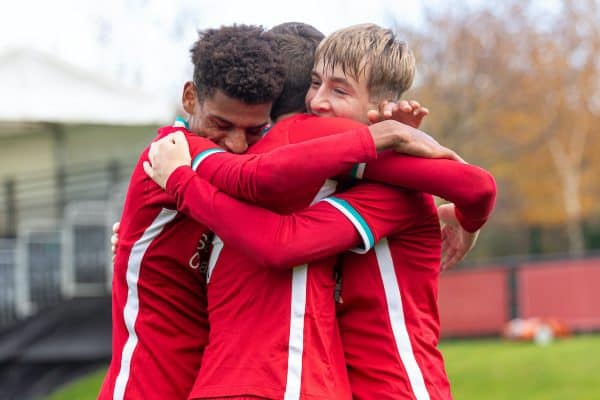 KIRKBY, ENGLAND - Saturday, October 31, 2020: Liverpool's Max Woltman (R) celebrates with team-mates after scoring the first goal during the Under-18 Premier League match between Liverpool FC Under-18's and Newcastle United FC Under-18's at the Liverpool Academy. (Pic by David Rawcliffe/Propaganda)