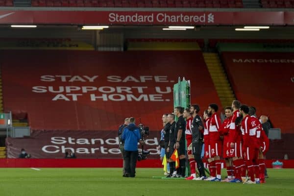 LIVERPOOL, ENGLAND - Saturday, October 31, 2020: Liverpool players line-up before the FA Premier League match between Liverpool FC and West Ham United FC at Anfield. The game was played behind closed doors due to the UK government’s social distancing laws during the Coronavirus COVID-19 Pandemic. (Pic by Propaganda)