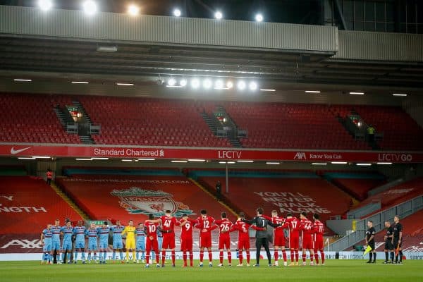 LIVERPOOL, ENGLAND - Saturday, October 31, 2020: Liverpool and West Ham United players line-up before the FA Premier League match between Liverpool FC and West Ham United FC at Anfield. The game was played behind closed doors due to the UK government’s social distancing laws during the Coronavirus COVID-19 Pandemic. (Pic by Propaganda)