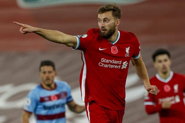 LIVERPOOL, ENGLAND - Saturday, October 31, 2020: Liverpool’s Nathaniel Phillips during the FA Premier League match between Liverpool FC and West Ham United FC at Anfield. The game was played behind closed doors due to the UK government’s social distancing laws during the Coronavirus COVID-19 Pandemic. (Pic by Propaganda)