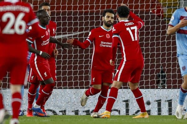 LIVERPOOL, ENGLAND - Saturday, October 31, 2020: Liverpool’s Mohamed Salah celebrates after scoring the first equalising goal from a penalty kick to level the score at 1-1 during the FA Premier League match between Liverpool FC and West Ham United FC at Anfield. The game was played behind closed doors due to the UK government’s social distancing laws during the Coronavirus COVID-19 Pandemic. (Pic by Propaganda)