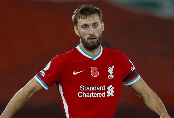 LIVERPOOL, ENGLAND - Saturday, October 31, 2020: Liverpool’s Nathaniel Phillips during the FA Premier League match between Liverpool FC and West Ham United FC at Anfield. The game was played behind closed doors due to the UK government’s social distancing laws during the Coronavirus COVID-19 Pandemic. (Pic by Propaganda)