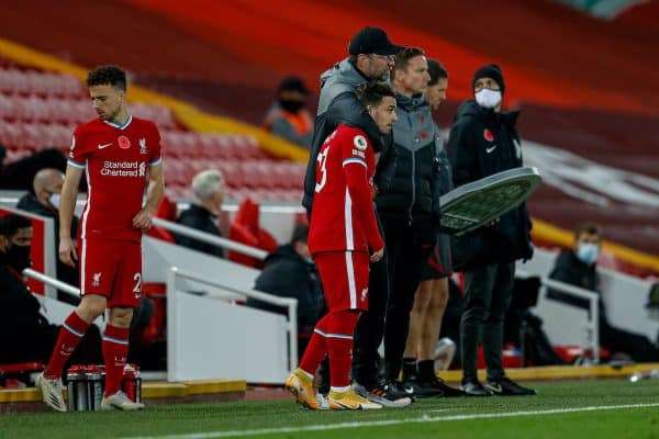 LIVERPOOL, ENGLAND - Saturday, October 31, 2020: Liverpool’s manager Jürgen Klopp prepares to bring on substitutes Xherdan Shaqiri and Diogo Jota (L) during the FA Premier League match between Liverpool FC and West Ham United FC at Anfield. The game was played behind closed doors due to the UK government’s social distancing laws during the Coronavirus COVID-19 Pandemic. (Pic by Propaganda)