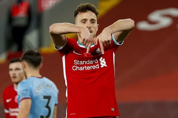 LIVERPOOL, ENGLAND - Saturday, October 31, 2020: Liverpool’s Diogo Jota celebrates after scoring the second goal, but it was disallowed after a VAR review, he scored a second goal that stood a few minutes later, during the FA Premier League match between Liverpool FC and West Ham United FC at Anfield. The game was played behind closed doors due to the UK government’s social distancing laws during the Coronavirus COVID-19 Pandemic. (Pic by Propaganda)