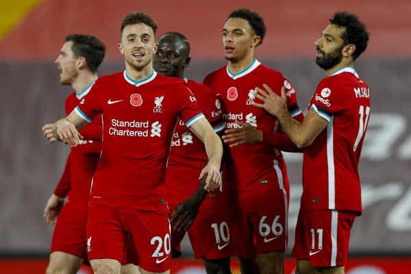 LIVERPOOL, ENGLAND - Saturday, October 31, 2020: Liverpool’s Diogo Jota (L) celebrates after scoring the second goal, but it was disallowed after a VAR review, he scored a second goal that stood a few minutes later, during the FA Premier League match between Liverpool FC and West Ham United FC at Anfield. The game was played behind closed doors due to the UK government’s social distancing laws during the Coronavirus COVID-19 Pandemic. (Pic by Propaganda)