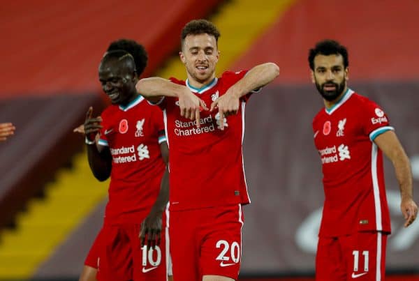 LIVERPOOL, ENGLAND - Saturday, October 31, 2020: Liverpool’s Diogo Jota celebrates after scoring the second goal, but it was disallowed after a VAR review, he scored a second goal that stood a few minutes later, during the FA Premier League match between Liverpool FC and West Ham United FC at Anfield. The game was played behind closed doors due to the UK government’s social distancing laws during the Coronavirus COVID-19 Pandemic. (Pic by Propaganda)