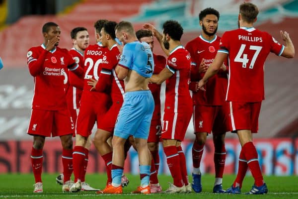 LIVERPOOL, ENGLAND - Saturday, October 31, 2020: Liverpool’s Diogo Jota (2nd from L) celebrates after scoring the second winning goal during the FA Premier League match between Liverpool FC and West Ham United FC at Anfield. The game was played behind closed doors due to the UK government’s social distancing laws during the Coronavirus COVID-19 Pandemic. (Pic by Propaganda)