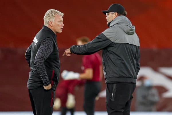 LIVERPOOL, ENGLAND - Saturday, October 31, 2020: West Ham United's manager David Moyes (L) chats with Liverpool's manager Jürgen Klopp before the FA Premier League match between Liverpool FC and West Ham United FC at Anfield. The game was played behind closed doors due to the UK government’s social distancing laws during the Coronavirus COVID-19 Pandemic. (Pic by Propaganda)