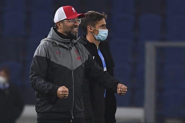 BERGAMO, ITALY - Tuesday, November 3, 2020: Liverpool's manager Jürgen Klopp celebrates after the UEFA Champions League Group D match between Atalanta BC and Liverpool FC at the Stadio di Bergamo. Liverpool won 5-0. (Pic by Simone Arveda/Propaganda)