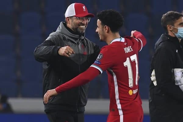 BERGAMO, ITALY - Tuesday, November 3, 2020: Liverpool's manager Jürgen Klopp celebrates with Curtis Jones after the UEFA Champions League Group D match between Atalanta BC and Liverpool FC at the Stadio di Bergamo. Liverpool won 5-0. (Pic by Simone Arveda/Propaganda)