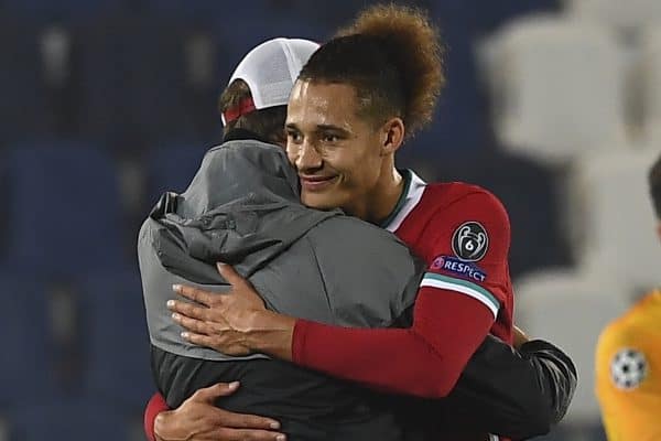 BERGAMO, ITALY - Tuesday, November 3, 2020: Liverpool's manager Jürgen Klopp celebrates with Rhys Williams after the UEFA Champions League Group D match between Atalanta BC and Liverpool FC at the Stadio di Bergamo. Liverpool won 5-0. (Pic by Simone Arveda/Propaganda)