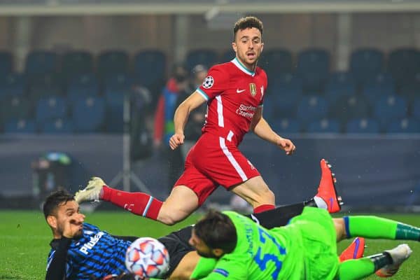 BERGAMO, ITALY - Tuesday, November 3, 2020: Liverpool's Diogo Jota sees his shot saved during the UEFA Champions League Group D match between Atalanta BC and Liverpool FC at the Stadio di Bergamo. (Pic by Simone Arveda/Propaganda)