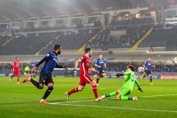 BERGAMO, ITALY - Tuesday, November 3, 2020: Liverpool's Diogo Jota scores the first goal past Atalanta's goalkeeper Marco Sportiello during the UEFA Champions League Group D match between Atalanta BC and Liverpool FC at the Stadio di Bergamo. (Pic by Simone Arveda/Propaganda)