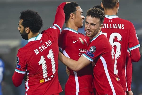 BERGAMO, ITALY - Tuesday, November 3, 2020: Liverpool's Diogo Jota (C) celebrates after scoring the first goal with team-mates during the UEFA Champions League Group D match between Atalanta BC and Liverpool FC at the Stadio di Bergamo. (Pic by Simone Arveda/Propaganda)