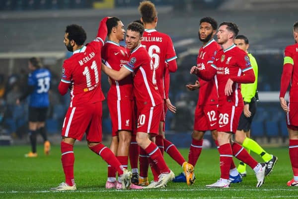 BERGAMO, ITALY - Tuesday, November 3, 2020: Liverpool's Diogo Jota (C) celebrates after scoring the first goal with team-mates during the UEFA Champions League Group D match between Atalanta BC and Liverpool FC at the Stadio di Bergamo. (Pic by Simone Arveda/Propaganda)