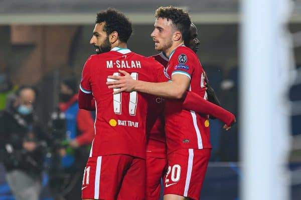 BERGAMO, ITALY - Tuesday, November 3, 2020: Liverpool's Diogo Jota celebrates after scoring the first goal with team-mate Mohamed Salah (L) during the UEFA Champions League Group D match between Atalanta BC and Liverpool FC at the Stadio di Bergamo. (Pic by Simone Arveda/Propaganda)