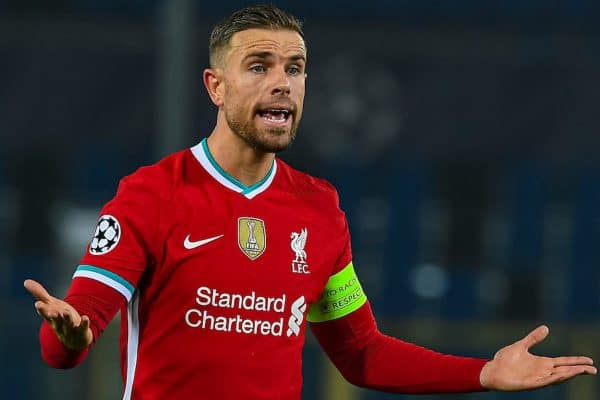 BERGAMO, ITALY - Tuesday, November 3, 2020: Liverpool's captain Jordan Henderson during the UEFA Champions League Group D match between Atalanta BC and Liverpool FC at the Stadio di Bergamo. (Pic by Simone Arveda/Propaganda)