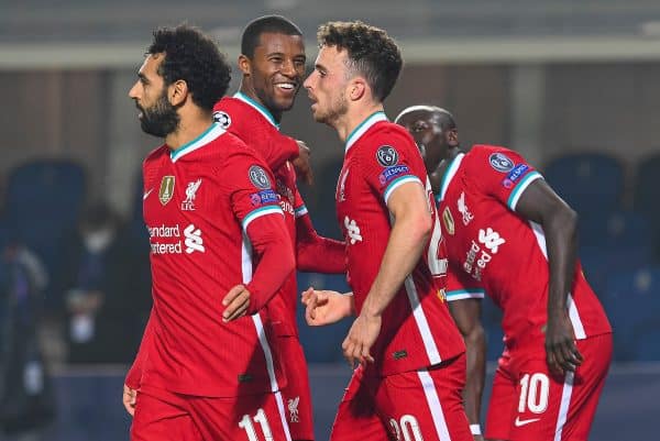 BERGAMO, ITALY - Tuesday, November 3, 2020: Liverpool's Diogo Jota (C) celebrates after scoring the first goal during the UEFA Champions League Group D match between Atalanta BC and Liverpool FC at the Stadio di Bergamo. (Pic by Simone Arveda/Propaganda)