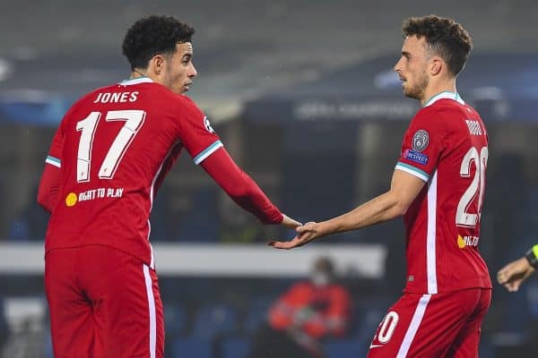 BERGAMO, ITALY - Tuesday, November 3, 2020: Liverpool's Diogo Jota (R) celebrates with team-mate Curtis Jones after scoring the first goal during the UEFA Champions League Group D match between Atalanta BC and Liverpool FC at the Stadio di Bergamo. (Pic by Simone Arveda/Propaganda)