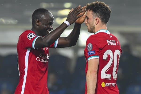 BERGAMO, ITALY - Tuesday, November 3, 2020: Liverpool's Diogo Jota and Sadio Mane during the UEFA Champions League Group D match between Atalanta BC and Liverpool FC at the Stadio di Bergamo. (Pic by Simone Arveda/Propaganda)