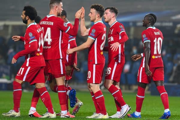 BERGAMO, ITALY - Tuesday, November 3, 2020: Liverpool's Diogo Jota (C) celebrates after scoring the second goal with team-mate captain Jordan Henderson (L) during the UEFA Champions League Group D match between Atalanta BC and Liverpool FC at the Stadio di Bergamo. (Pic by Simone Arveda/Propaganda)