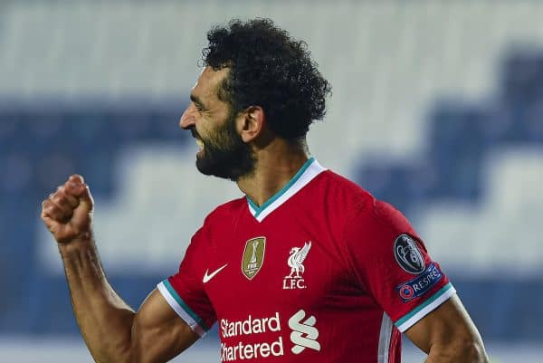 BERGAMO, ITALY - Tuesday, November 3, 2020: Liverpool's Mohamed Salah celebrates after scoring the third goal during the UEFA Champions League Group D match between Atalanta BC and Liverpool FC at the Stadio di Bergamo. (Pic by Simone Arveda/Propaganda)