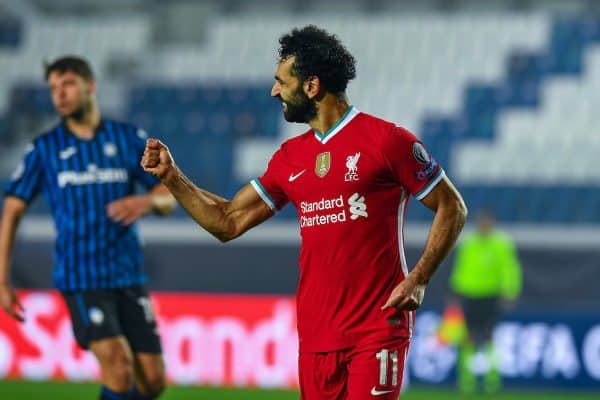 BERGAMO, ITALY - Tuesday, November 3, 2020: Liverpool's Mohamed Salah celebrates after scoring the third goal during the UEFA Champions League Group D match between Atalanta BC and Liverpool FC at the Stadio di Bergamo. (Pic by Simone Arveda/Propaganda)