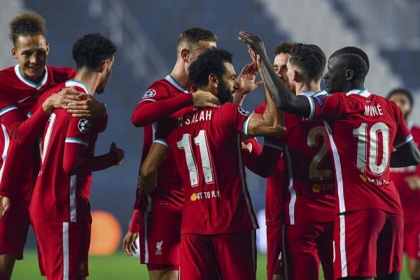 BERGAMO, ITALY - Tuesday, November 3, 2020: Liverpool's Mohamed Salah (C) celebrates after scoring the third goal during the UEFA Champions League Group D match between Atalanta BC and Liverpool FC at the Stadio di Bergamo. (Pic by Simone Arveda/Propaganda)