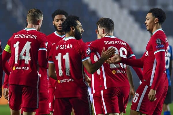 BERGAMO, ITALY - Tuesday, November 3, 2020: Liverpool's Mohamed Salah (C) celebrates after scoring the third goal during the UEFA Champions League Group D match between Atalanta BC and Liverpool FC at the Stadio di Bergamo. (Pic by Simone Arveda/Propaganda)