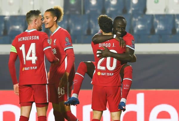 BERGAMO, ITALY - Tuesday, November 3, 2020: Liverpool's Sadio Mané (R) celebrates after scoring the fourth goal with team-mate Diogo Jota during the UEFA Champions League Group D match between Atalanta BC and Liverpool FC at the Stadio di Bergamo. (Pic by Simone Arveda/Propaganda)