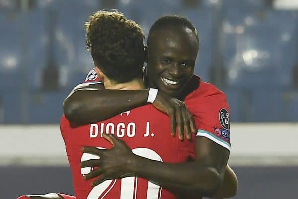 BERGAMO, ITALY - Tuesday, November 3, 2020: Liverpool's Sadio Mané (R) celebrates after scoring the fourth goal with team-mate Diogo Jota during the UEFA Champions League Group D match between Atalanta BC and Liverpool FC at the Stadio di Bergamo. (Pic by Simone Arveda/Propaganda)